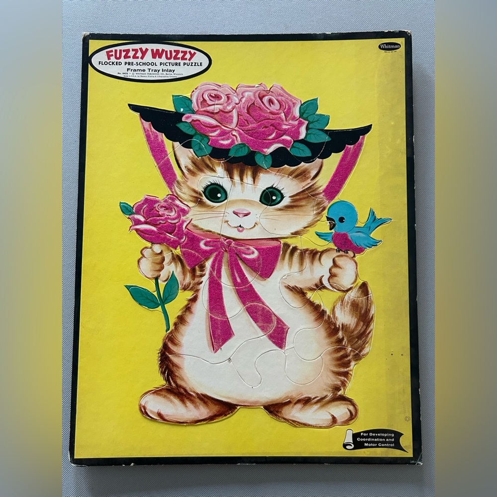 Vintage 60s Whitman Fuzzy Wuzzy Kitten Bird Tray Puzzle 4422 14.5” x 11.5”